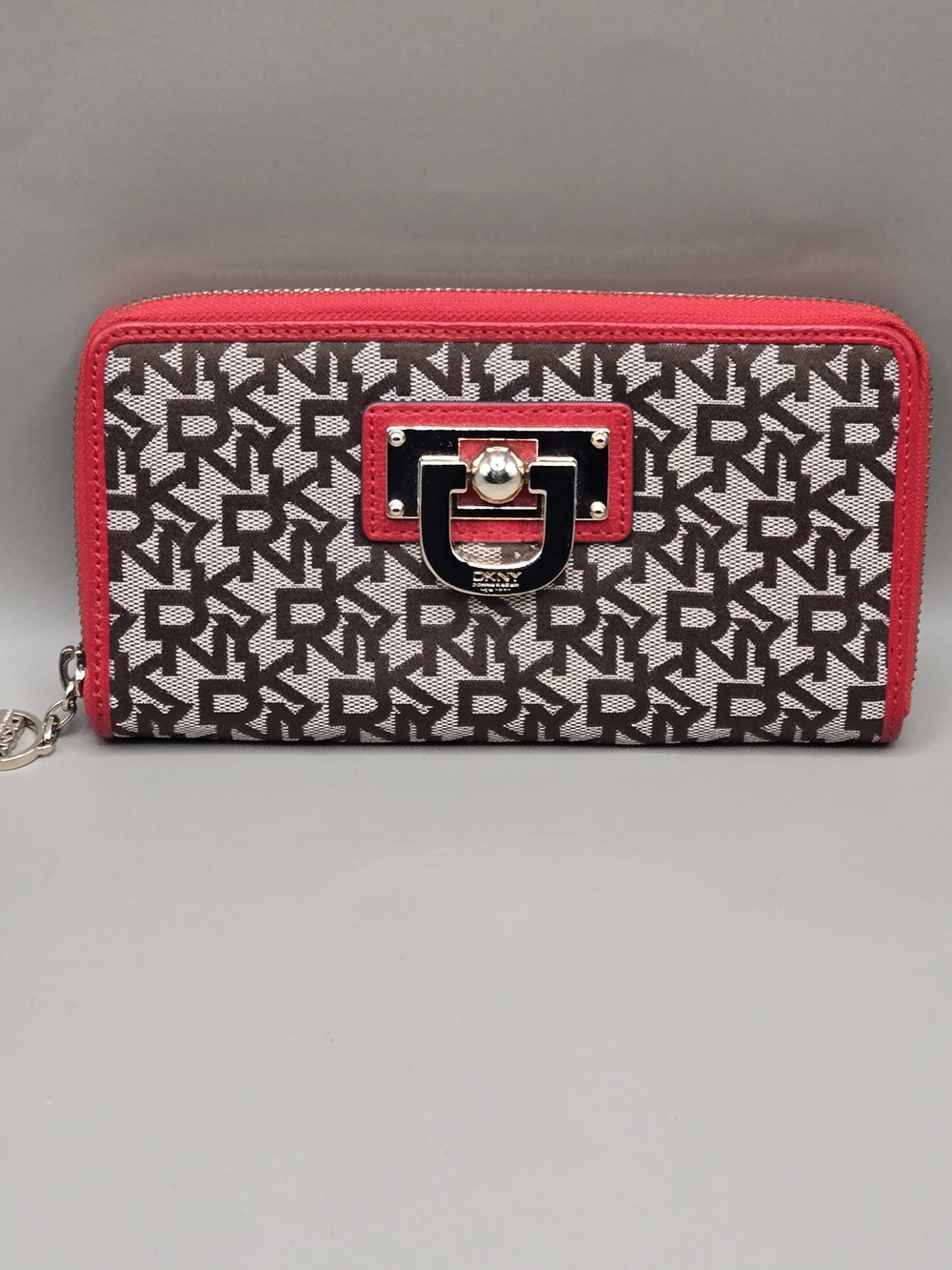 DKNY Monogram Logo Zip Around Wallet Red Brown Jacquard Canvas